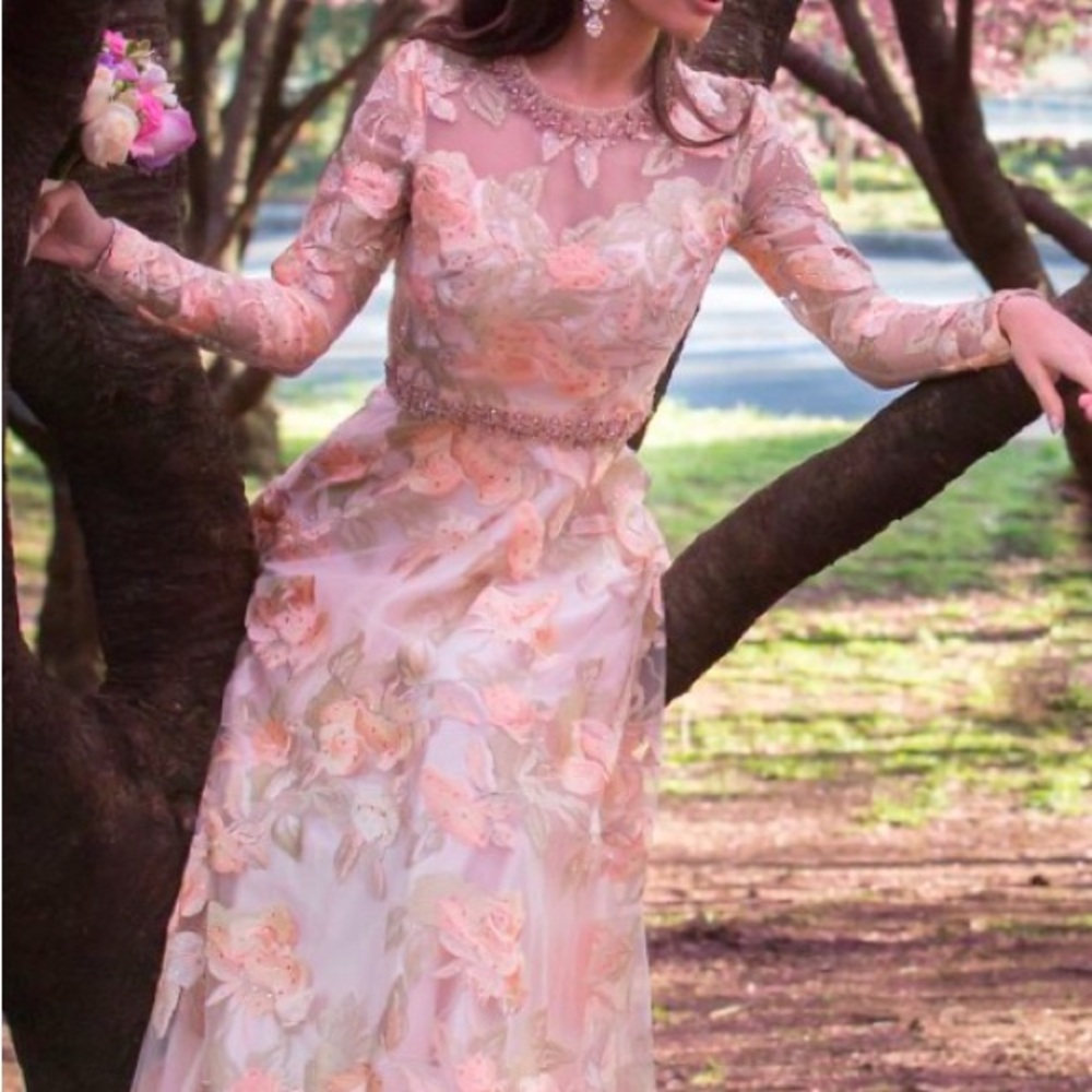 Mac Duggal Pink and Cream Bishop Sleeve Gown